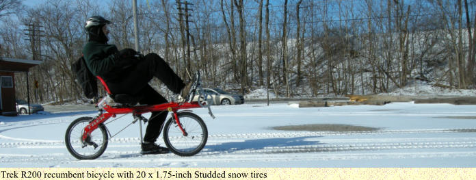 Trek R200 recumbent bicycle with 20 x 1.75-inch Studded snow tires